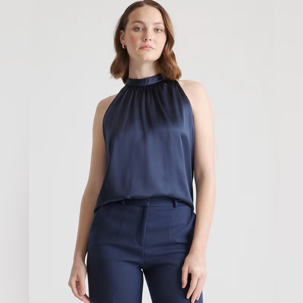 Quince NWT Navy‎ Black Silk Turtleneck Sleeveless Blouse Size XS